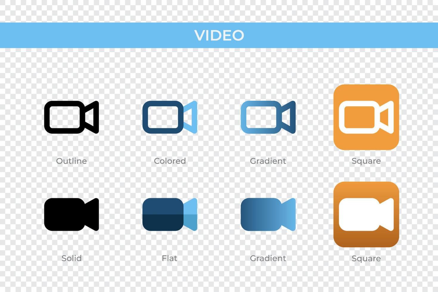 Videosymbol in verschiedenen Stilen. Video-Vektorsymbole, die in Umrissen, soliden, farbigen, Farbverläufen und flachen Stilen entworfen wurden. Symbol, Logoabbildung. Vektor-Illustration vektor