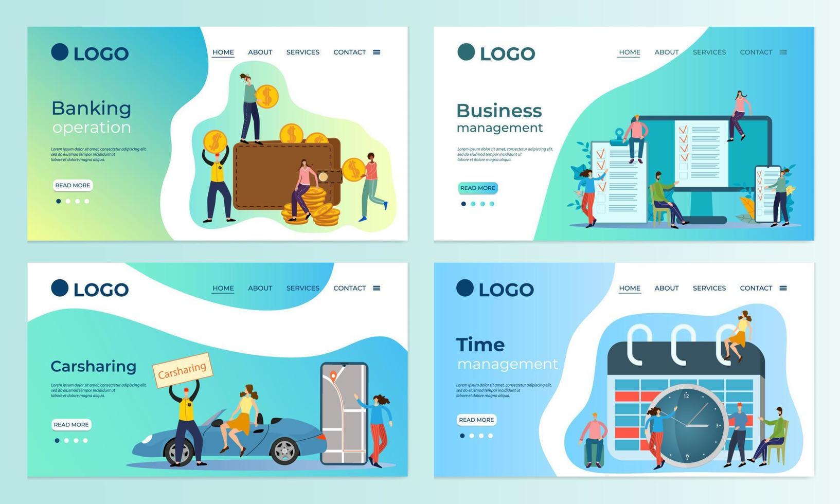 eine reihe von landingpage-vorlagen. bankbetrieb, betriebswirtschaft, zeitmanagement, carsharing. vorlagen zur verwendung in der entwicklung mobiler app. flache vektorillustration. vektor