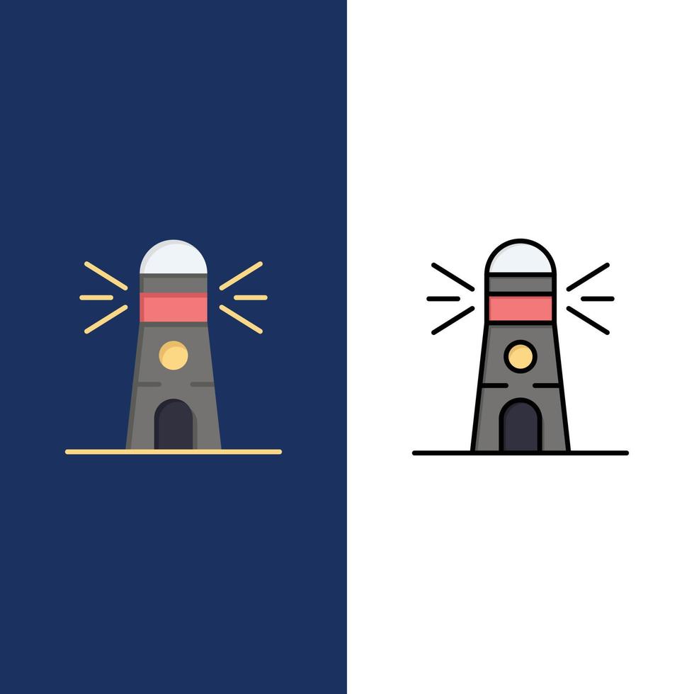 Leuchtturm Gebäude Navigation Haus Symbole flach und Linie gefüllt Icon Set Vektor blauen Hintergrund