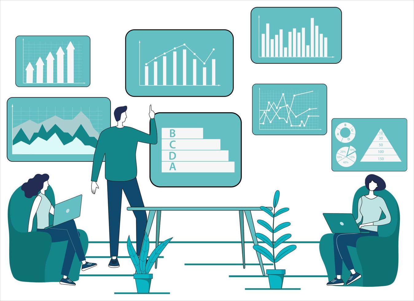 affärsmän håll en möte mot de bakgrund av infographics.the begrepp av lagarbete, ledare inflytande, och brainstorming.boss och kontor arbetare.lägenhet vektor illustration.