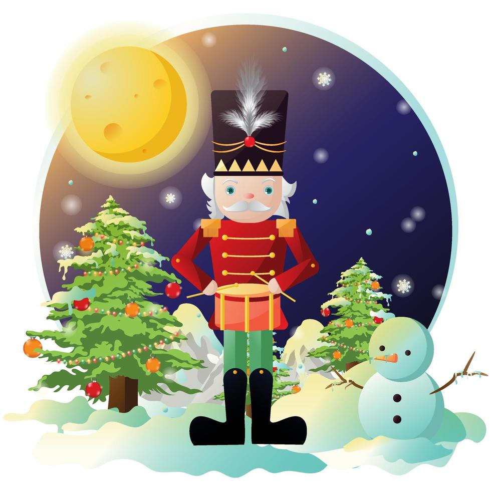 weihnachtsmann, der mit einer weihnachtsbaumvektorillustration auf dem nachthintergrund für das feiertagsweihnachten und -neujahr steht. vektor