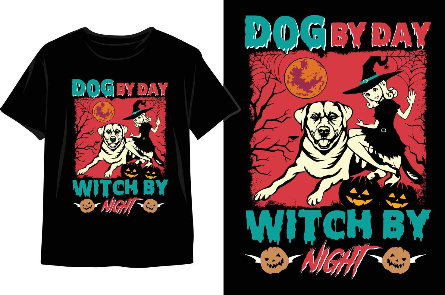 Hund bis zum Tag Hexe bis zum Nachthalloween-T-Shirt Entwurf. vektor