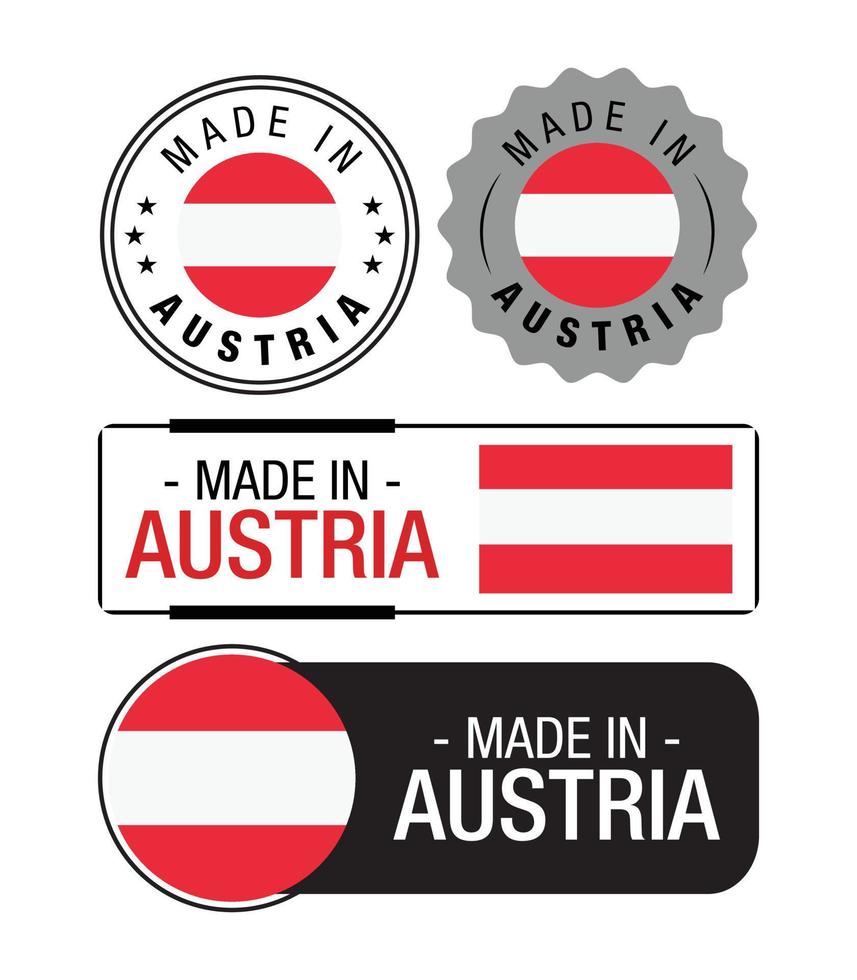 satz von made in austria etiketten, logo, österreichische flagge, österreichisches produktemblem vektor