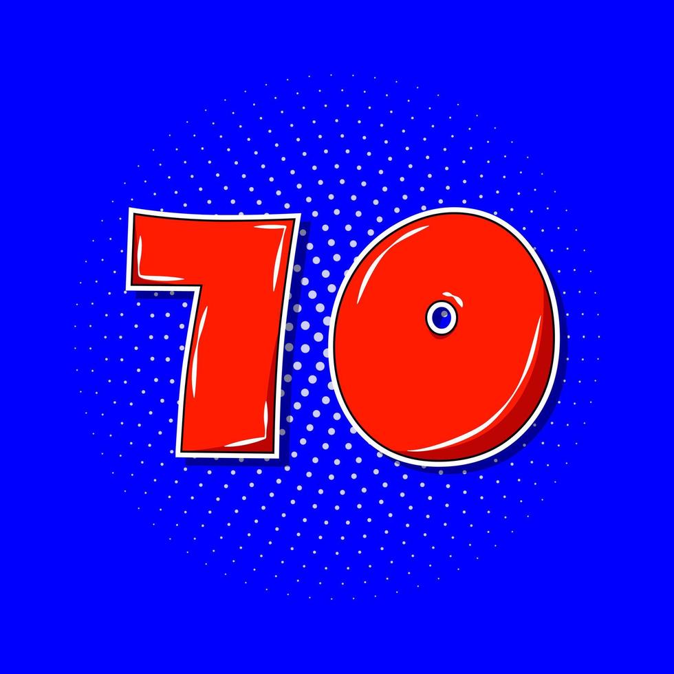 Pop Art rote Nummer 70 über blau gepunktetem Hintergrund. vektor