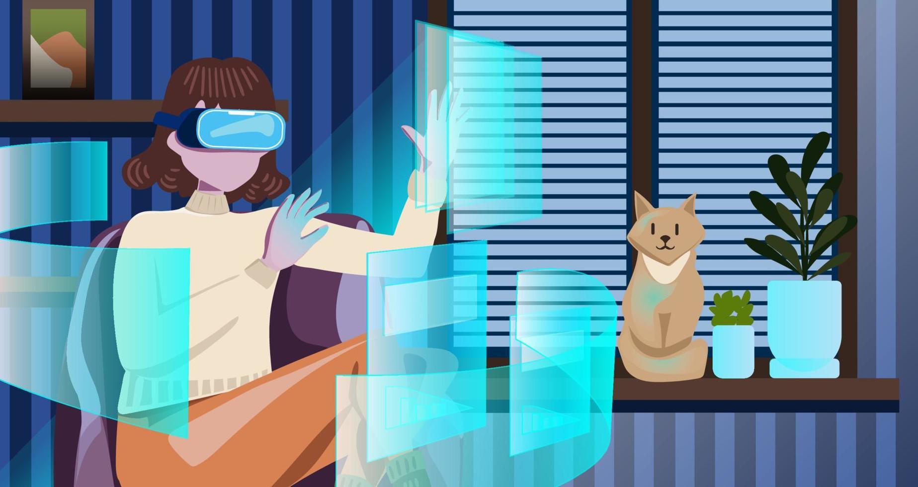 metavers digital cyber värld teknologi, kvinna innehav virtuell verklighet glasögon omgiven med trogen gränssnitt 3d hologram data, kvinna i en mysigt rum med katter och växter. vektor illustration.
