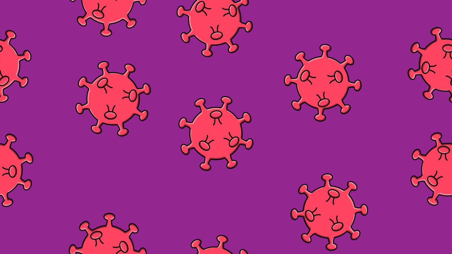 ändlös sömlös mönster av röd farlig infektiös dödligt respiratorisk coronavirus pandemi epidemi, covid-19 mikrob virus orsakar lunginflammation på en lila bakgrund vektor