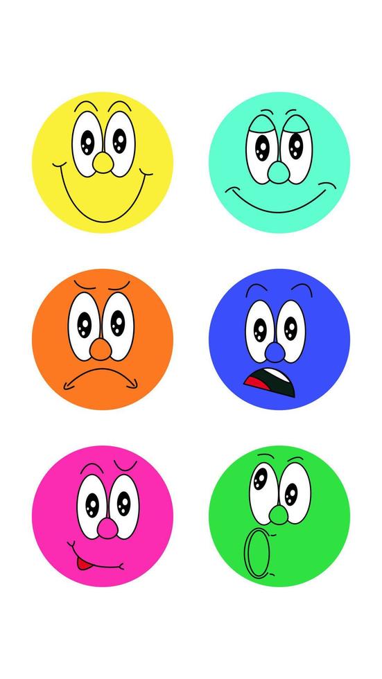 ein Satz von sechs runden Symbolen für Trends mit verschiedenen Gesichtern mit einem Ausdruck von Emotionen Lachen Lächeln Überraschung Angst Wut Freude auf weißem Hintergrund. Vektor-Illustration vektor