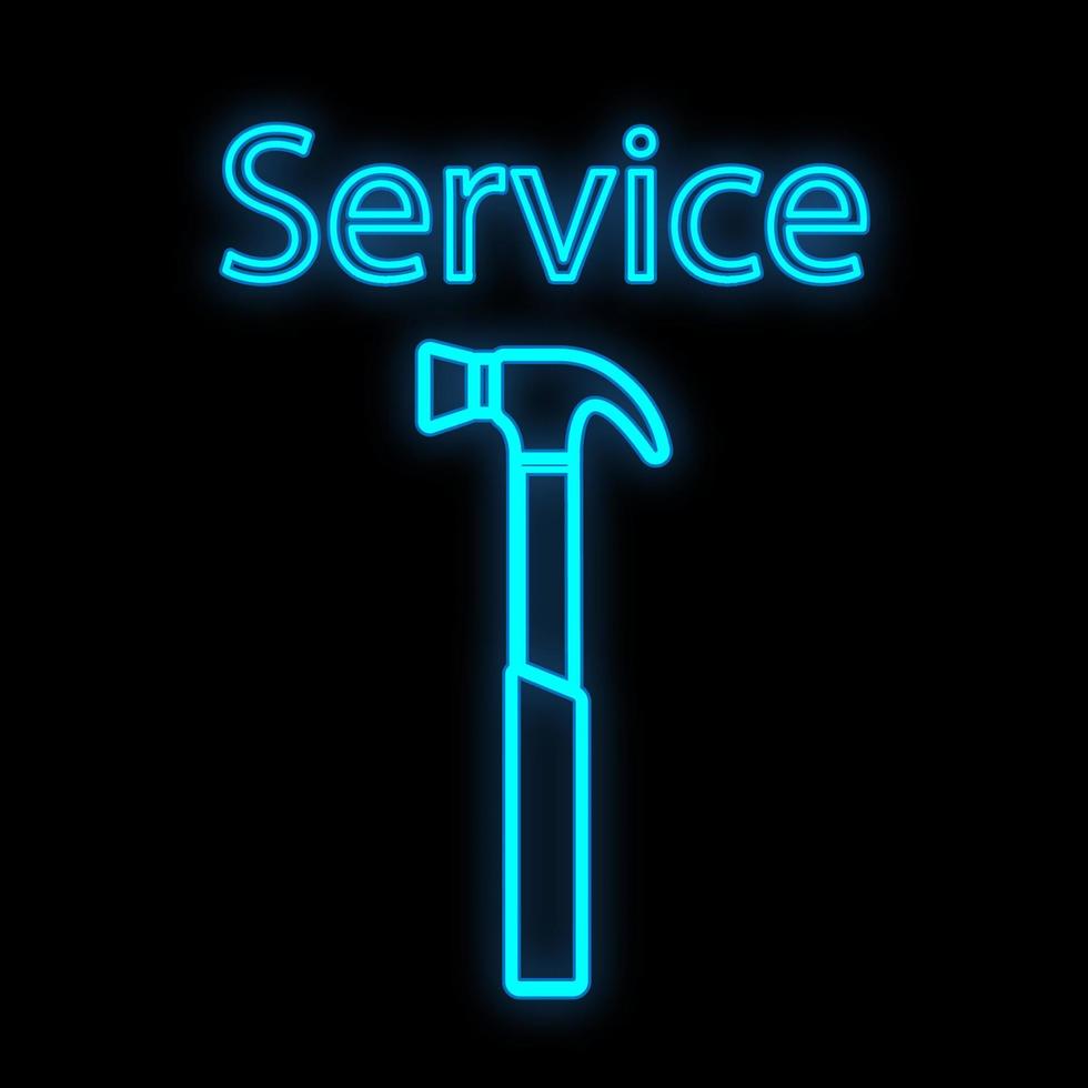 hell leuchtendes blaues industrielles digitales neonschild für werkstatt-service-center schön glänzend mit einem hammer zur reparatur auf schwarzem hintergrund und dem inschriftservice. Vektor-Illustration vektor