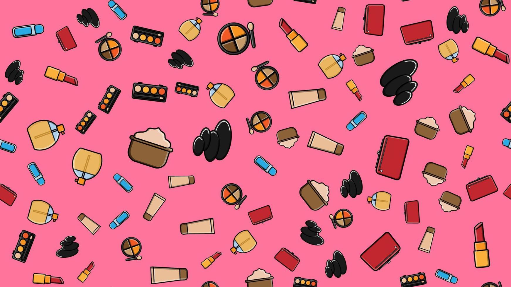 ändlös sömlös mönster av skön skönhet objekt av kvinna glamorös modern pulver, läppstift, lacker, krämer, kosmetika på en rosa bakgrund. vektor illustration