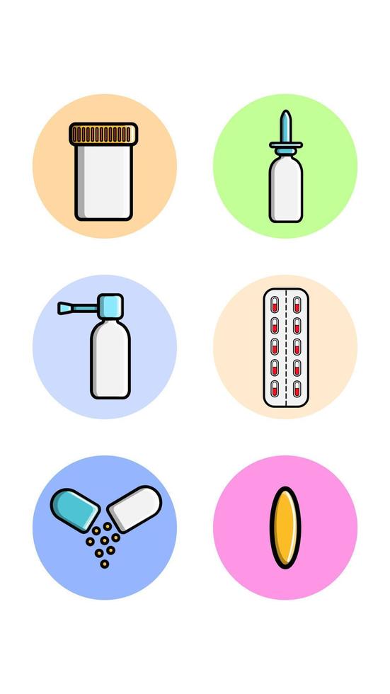 Ein Satz von sechs runden Symbolen für topische mit medizinischen pharmakologischen Produkten Ein Glas mit Pillen, Tropfen für die Nase, Spray, Pille auf weißem Hintergrund. Vektor-Illustration vektor