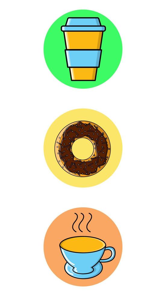 Satz von drei runden Symbolen für trendige mit verschiedenen leckeren belebenden Getränken und Speisen für einen Café-Donut-Kaffeetee auf weißem Hintergrund. Vektor-Illustration vektor