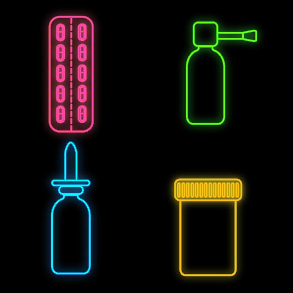 uppsättning av ljus lysande flerfärgad medicinsk neon tecken för en apotek eller sjukhus Lagra, skön skinande vetenskaplig piller och sprayer på en svart bakgrund. vektor illustration