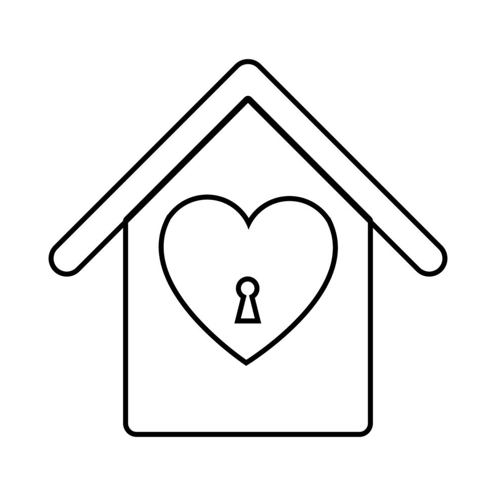 Schwarz-Weiß-lineare einfache Ikone eines schönen Hauses mit einem Vogelhaus mit Herz und einem Schlüsselloch für das Fest der Liebe Valentinstag oder 8. März. Vektor-Illustration vektor