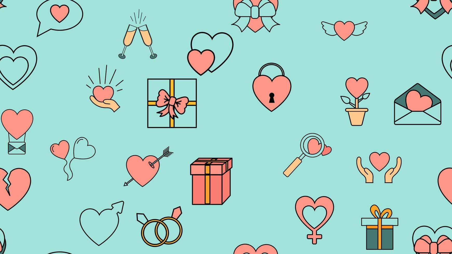 textur sömlös mönster från en uppsättning av kärlek objekt med hjärtan och gåvor för de Semester av kärlek hjärtans dag februari 14 eller Mars 8 på en blå bakgrund. vektor illustration