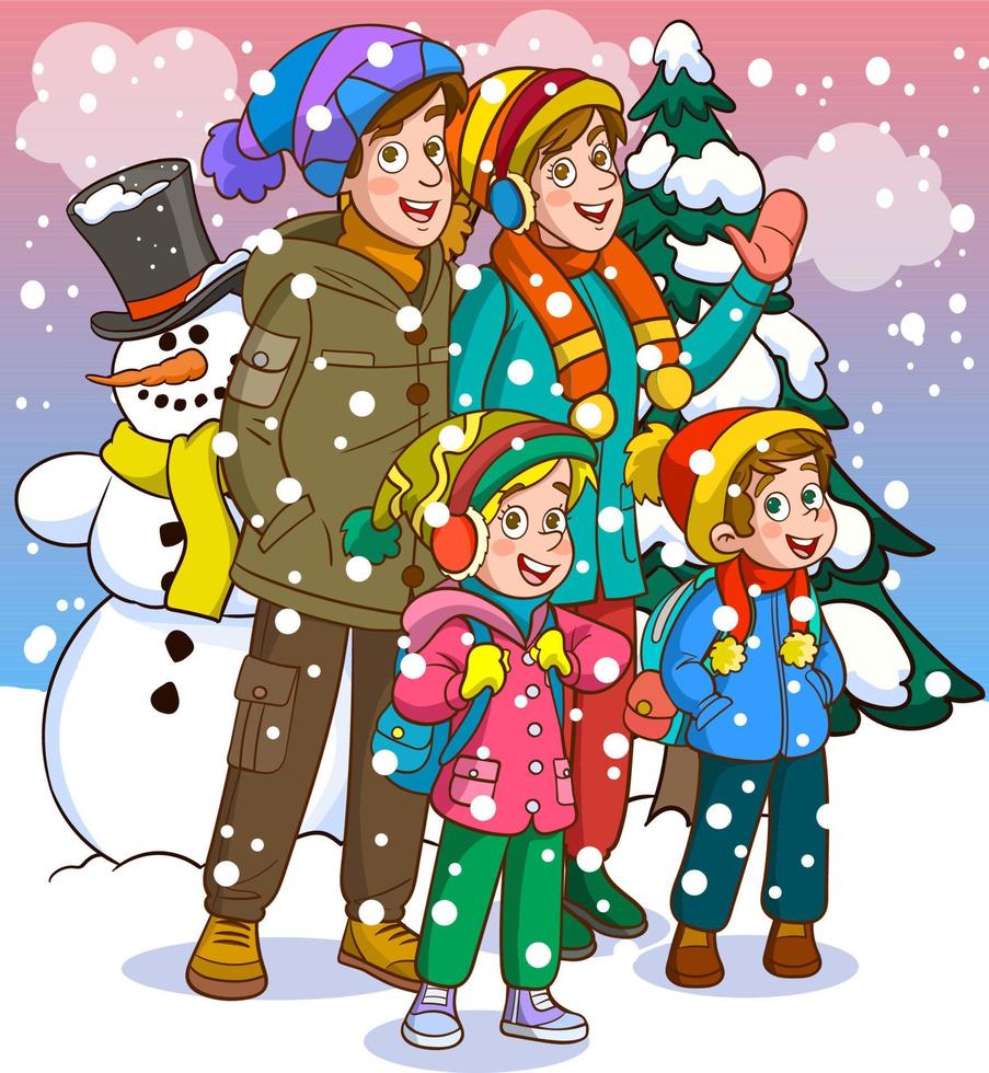 Lycklig familj klädd i vinter- värma kläder. människor i de norr. jul högtider. vektor illustration i tecknad serie stil