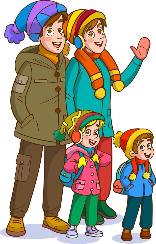 Lycklig familj klädd i vinter- värma kläder. människor i de norr. jul högtider. vektor illustration i tecknad serie stil