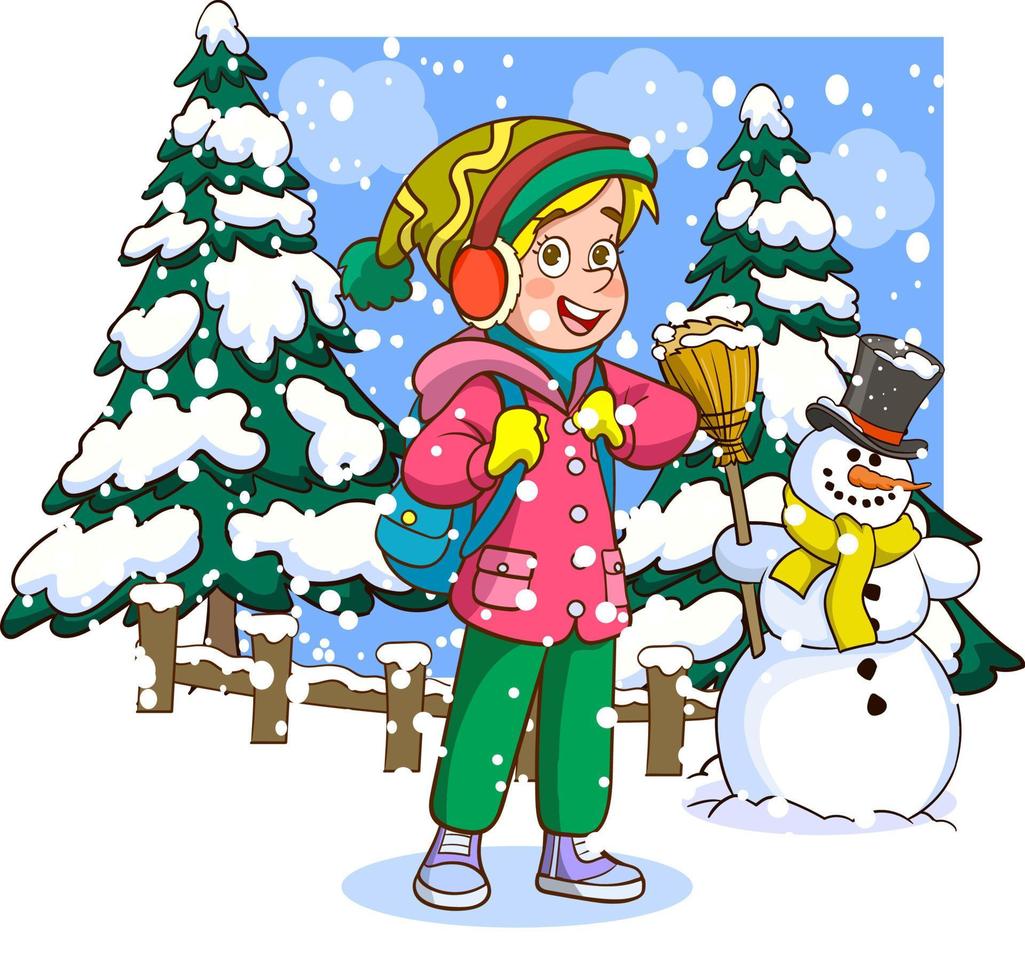 glückliches süßes kleines kind spielt und trägt jacke in der wintersaison. Kinderlächeln mit warmer Kleidung vektor