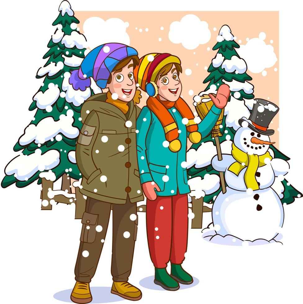 glückliche Familie im Winter warme Kleidung gekleidet. Menschen im Norden. Weihnachtsferien. Vektorillustration im Cartoon-Stil vektor