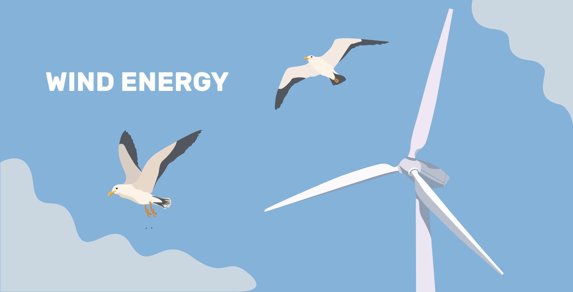 Onshore-Windparks. grüne energie windkraftanlagen auf dem meer, im ozean. Windräder. Vektor-Illustration. graue und weiße Möwe im Himmel. fliegende Möwe. vektor