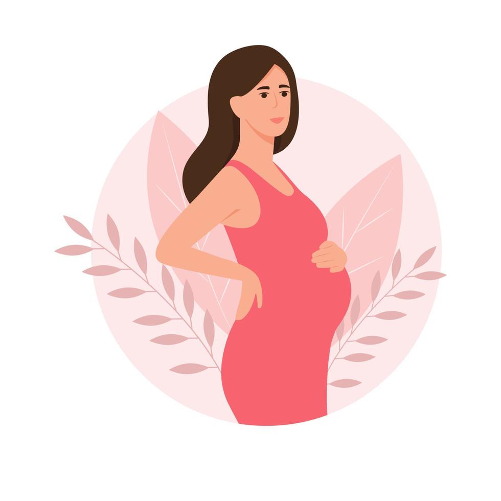 glad gravid kvinna håller hennes mage. graviditet koncept. vektor illustration.