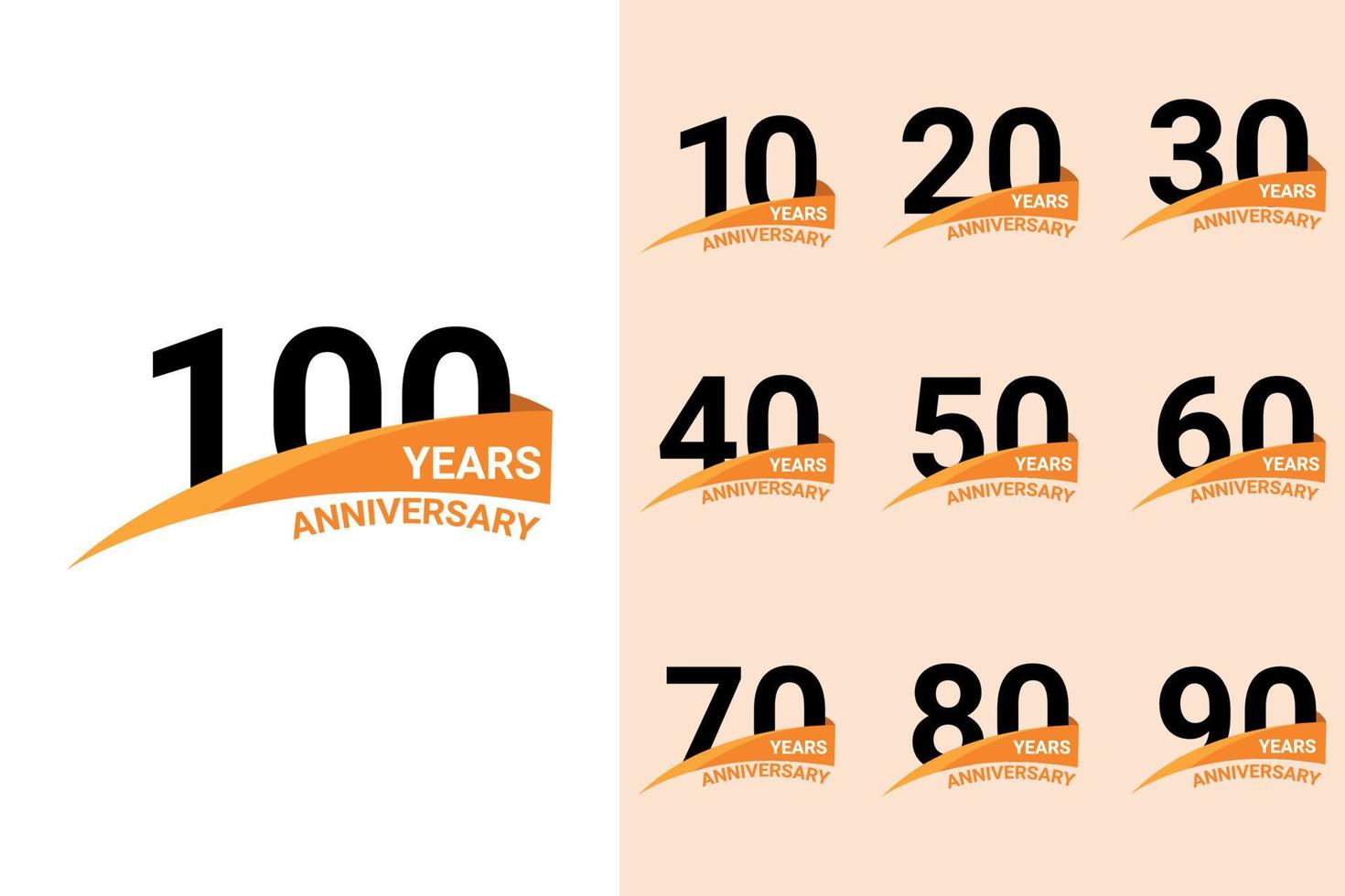 10,20,30,40,50,60,70,80,90,100 år årsdag logotyp mall. vektor