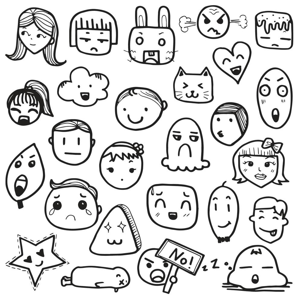 uppsättning av hand dragen översikt klotter uttryckssymboler vektor illustration, emoji ansikte på vit bakgrund