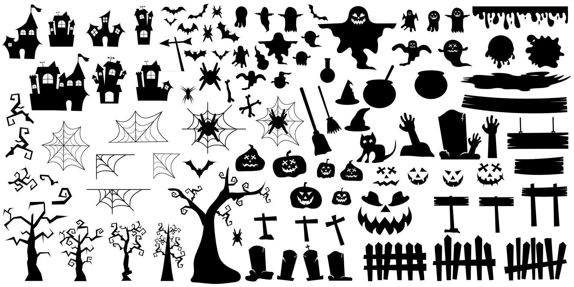 große sammlung von silhouetten von halloween auf weißem hintergrund. Reihe von Halloween-Silhouetten-Symbol und Charakter. vektorillustration gruselig für feier, feiertag und dekoration. vektor