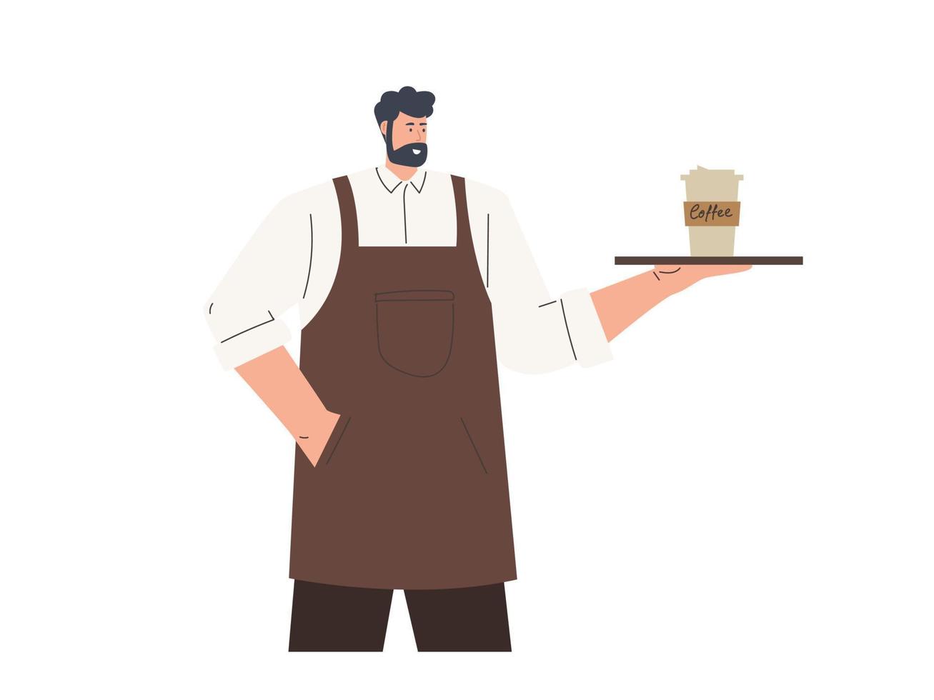 manlig Barista eller servitör tecken i enhetlig, restaurang eller kaffe affär vektor