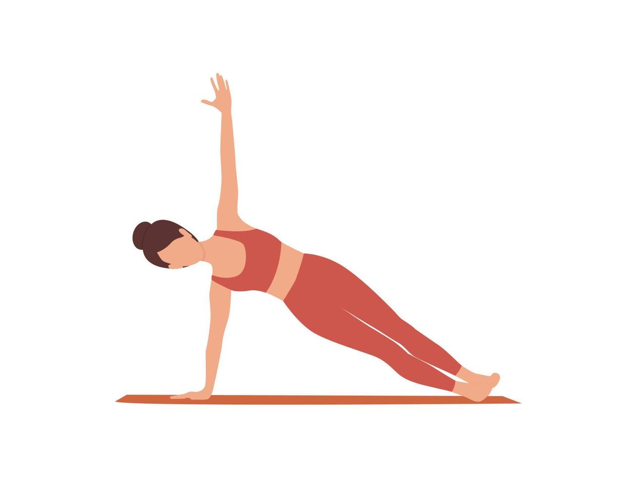 yoga utgör isolerat på de vit bakgrund. ung kvinna praktiserande yoga. sida planka. vektor illustration