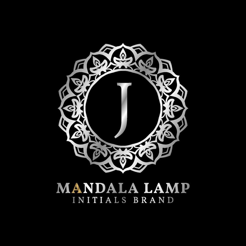 brev j mandala lampa initialer dekorativ vektor logotyp design för bröllop, spa, hotell, skönhet vård