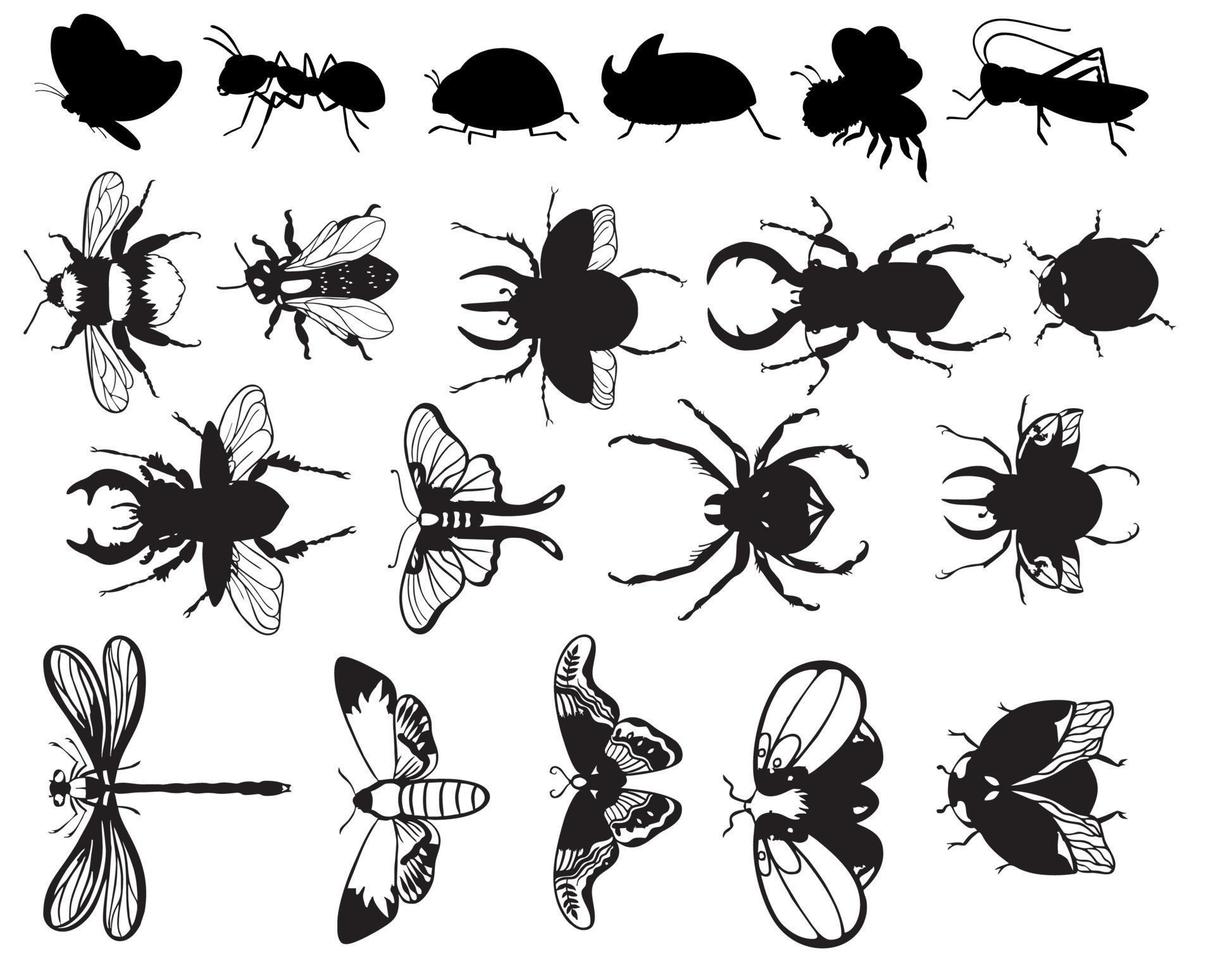 Satz von Insekten Vektorformen Gruppe schwarz auf weißem Hintergrund vektor