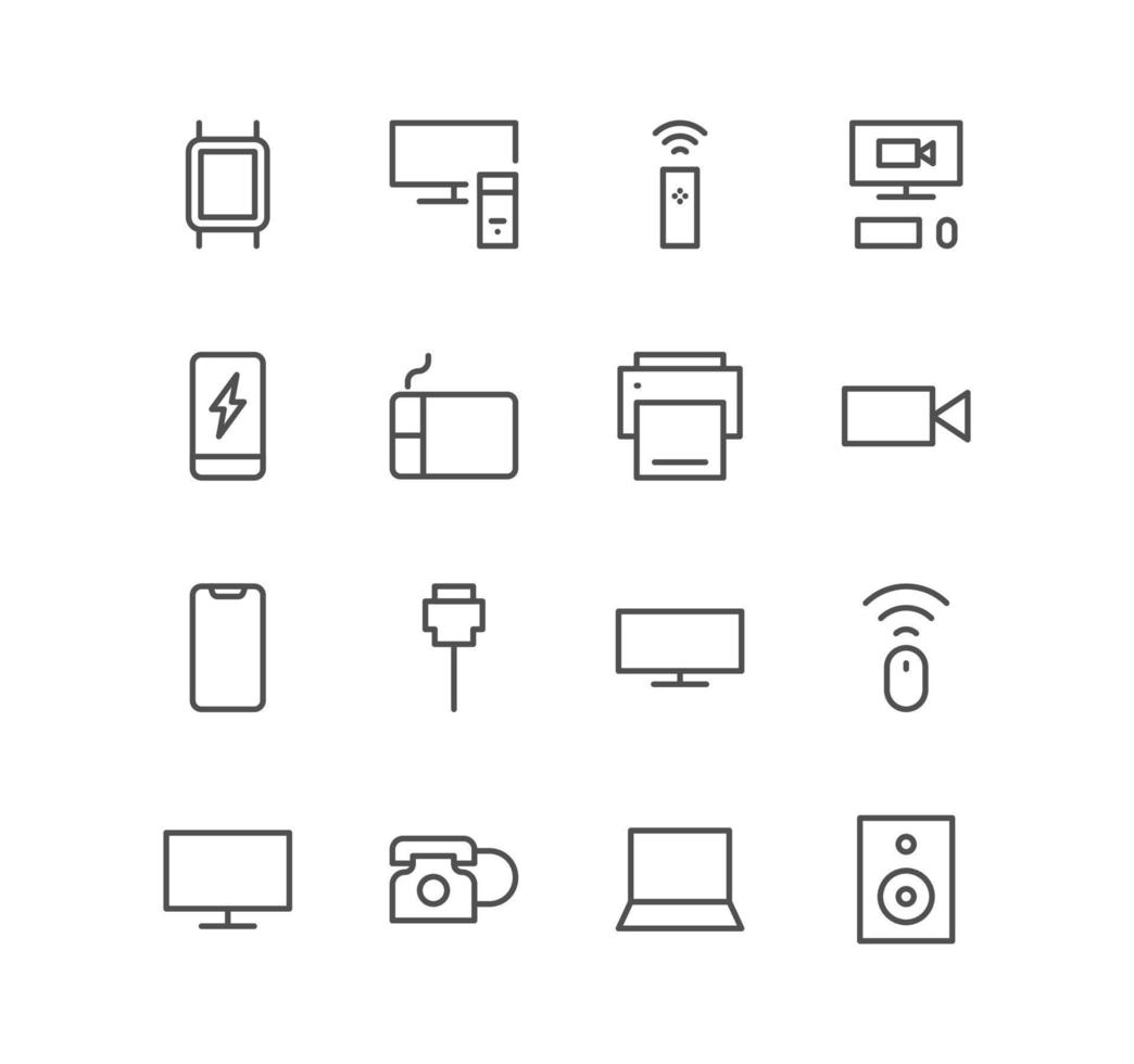 uppsättning av elektronisk och enheter ikoner, smart högtalare, video kamera, övervaka, telefon, smart Kolla på, kabel- och linjär mängd vektorer. vektor