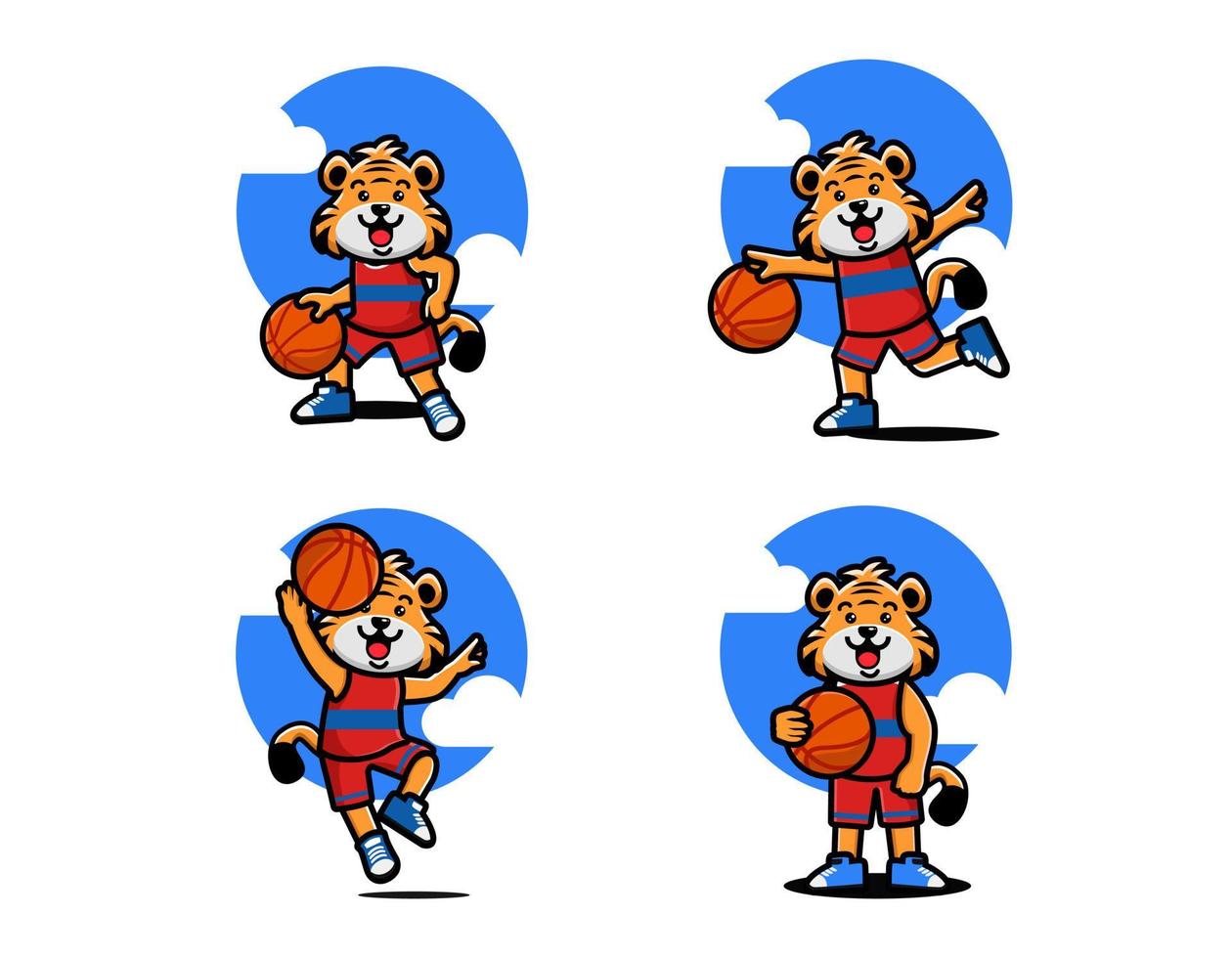 satz glücklicher süßer tiger, die basketball spielen vektor