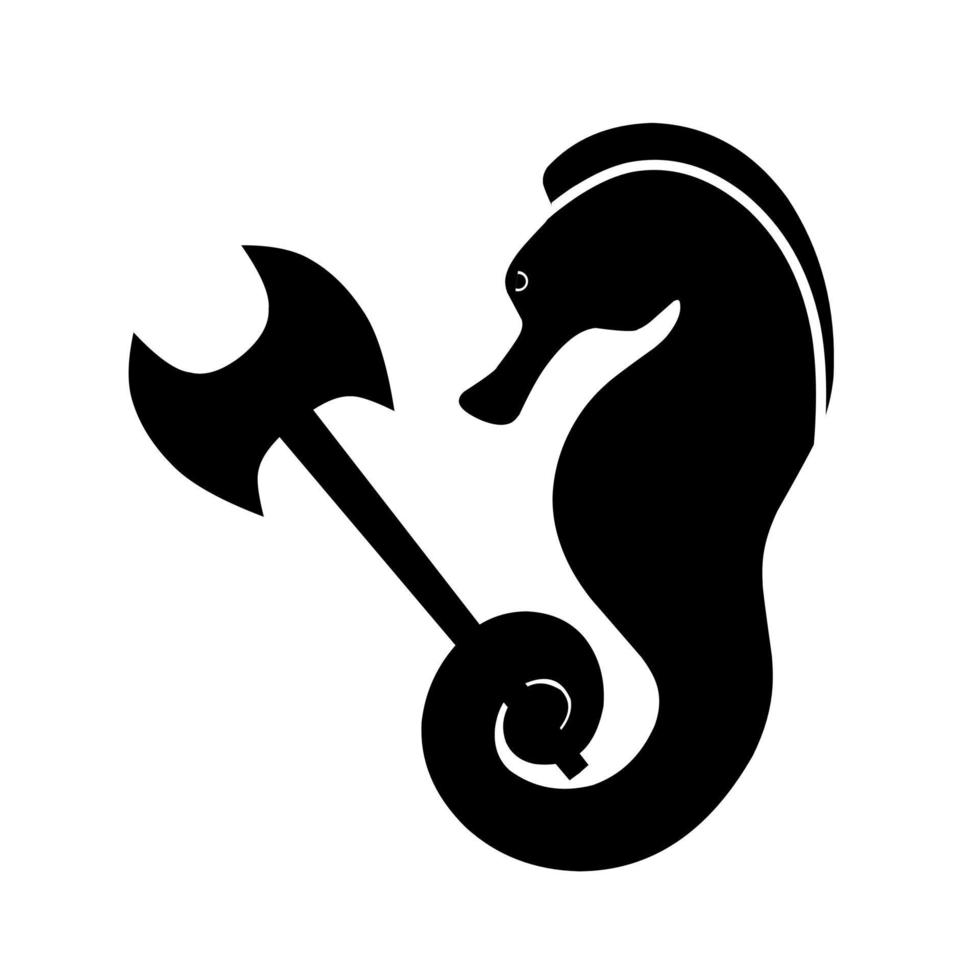 silhuett av en sjöhäst med ett yxa på en vit bakgrund. svart sjöhäst innehav slåss yxa. bra för logotyper, kort, banderoller, affischer. vektor illustration