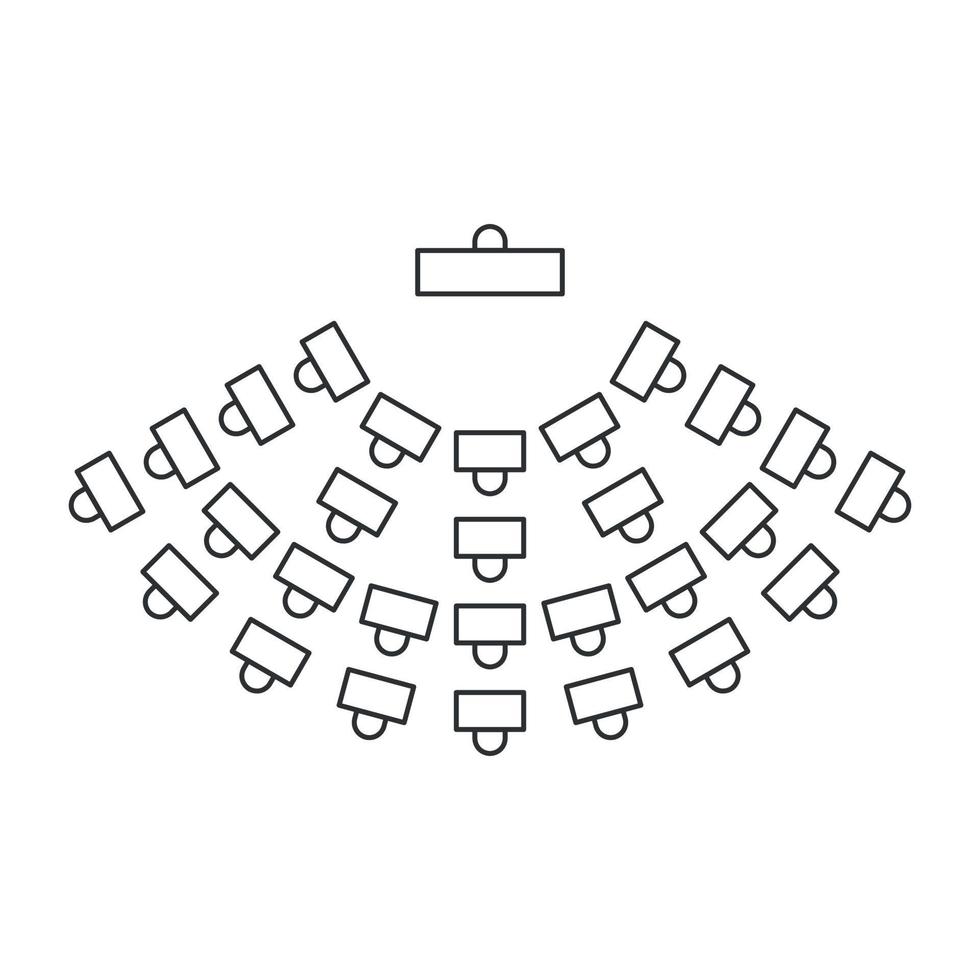Sitzordnung im Klassenzimmer. Liniensymbol für Tische und Stühle. Draufsicht Möbel Innenplan. Vektorillustration auf weißem Hintergrund vektor
