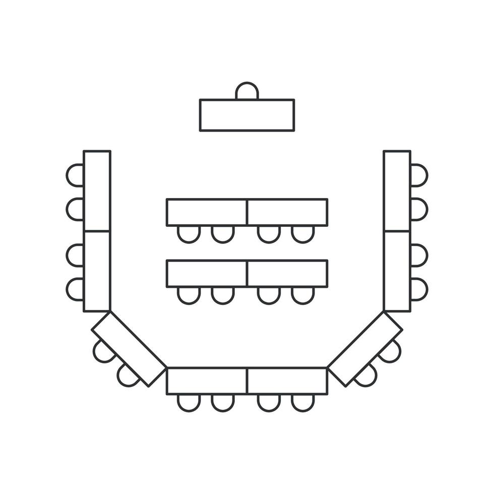 klassrum sittplatser schema. tabeller och stolar linje ikon. topp se möbel interiör planen. vektor illustration på vit bakgrund