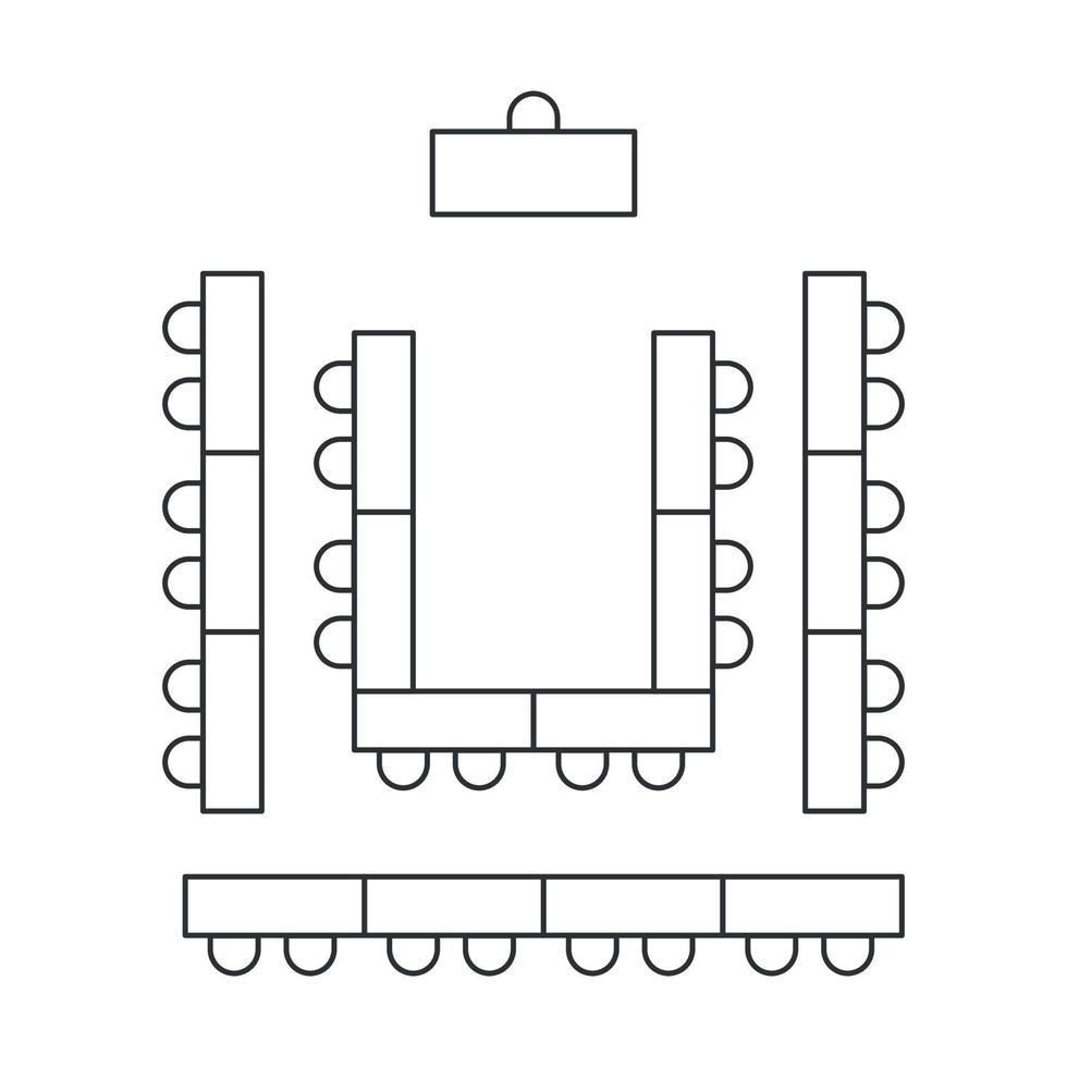 Sitzordnung im Klassenzimmer. Liniensymbol für Tische und Stühle. Draufsicht Möbel Innenplan. Vektorillustration auf weißem Hintergrund vektor