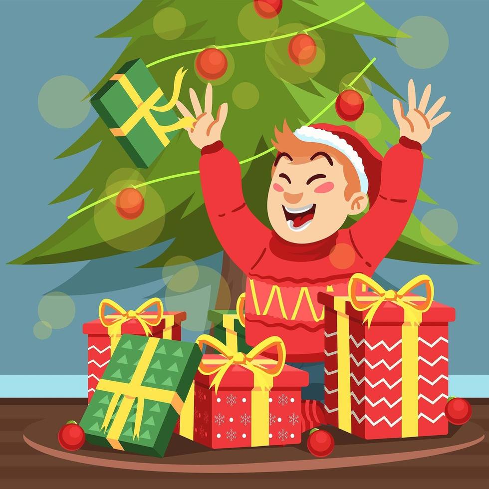 glückliches Kind, das viele Weihnachtsgeschenke bekommt vektor