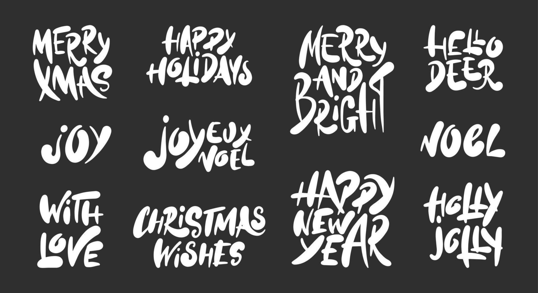 sammlung von vektorbeschriftungen für poster, dekoration, karten und druck. handgezeichnete worte setzen weihnachts- und neujahrsferien auf dunklem hintergrund. handgezeichnete einzigartige typografie-designelemente. vektor