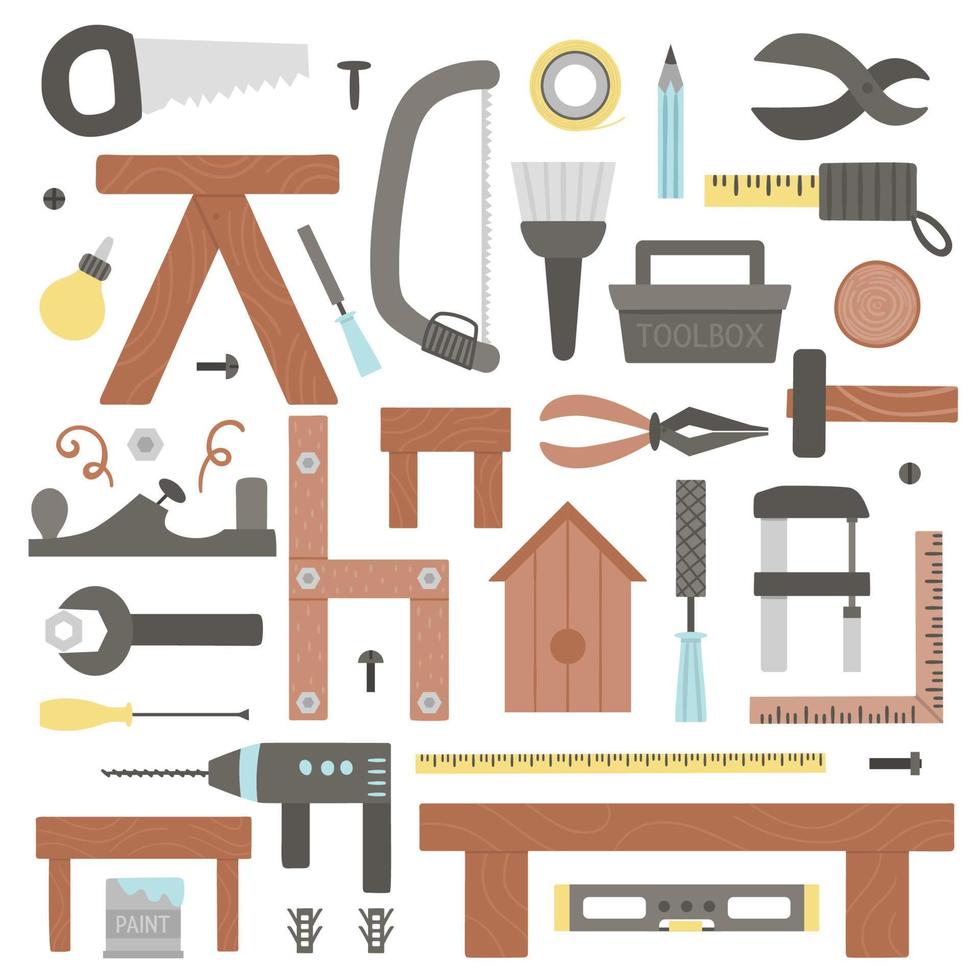 vektor verktyg set. platt färgad illustration med byggnad, snickarutrustning för kort, affisch eller flygbladsdesign. träarbete, reparationsservice eller hantverksverkstadskoncept