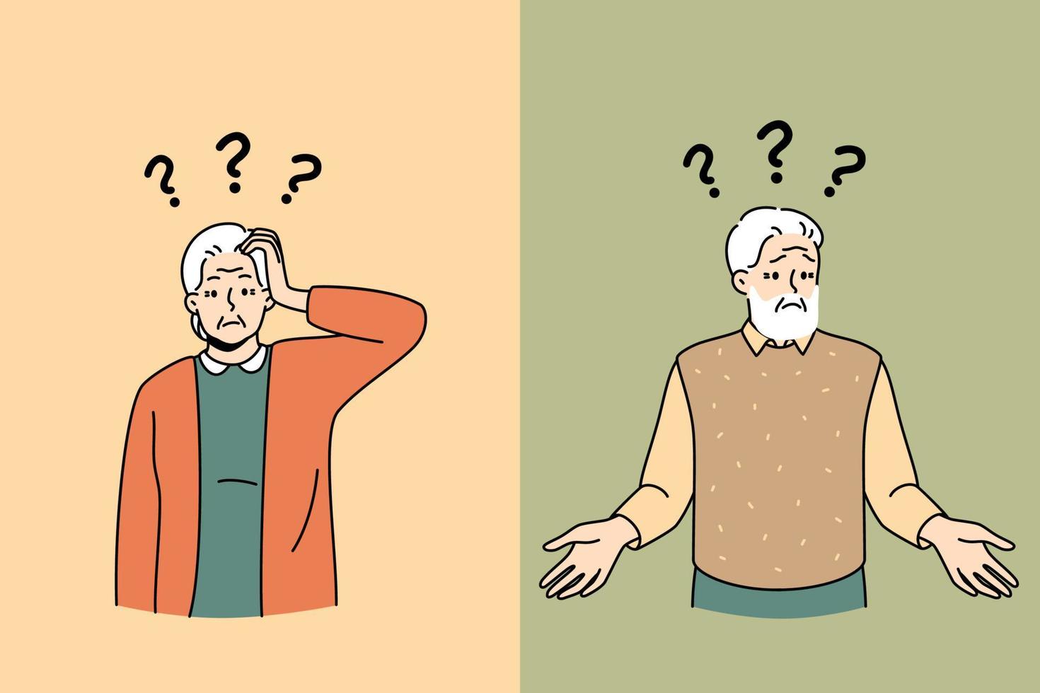 Unglücklicher alter Mann und Frau mit Fragezeichen über dem Kopf leiden an der Alzheimer-Krankheit. verwirrte reife großeltern frustrierter kampf mit demenz. Gehirnproblem. Vektor-Illustration. vektor