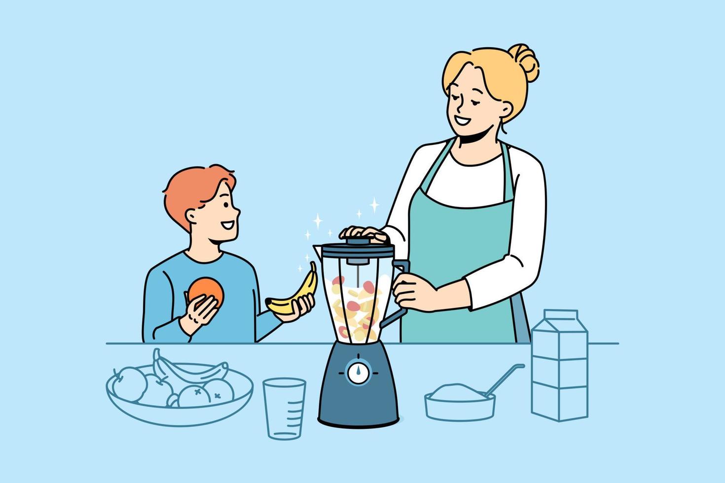 leende mor och små son göra friska frukt smoothie i blandare på Hem kök. Lycklig mamma och barn förbereda näring dryck eller juice. vitamin äter och vegetarian. vektor illustration.