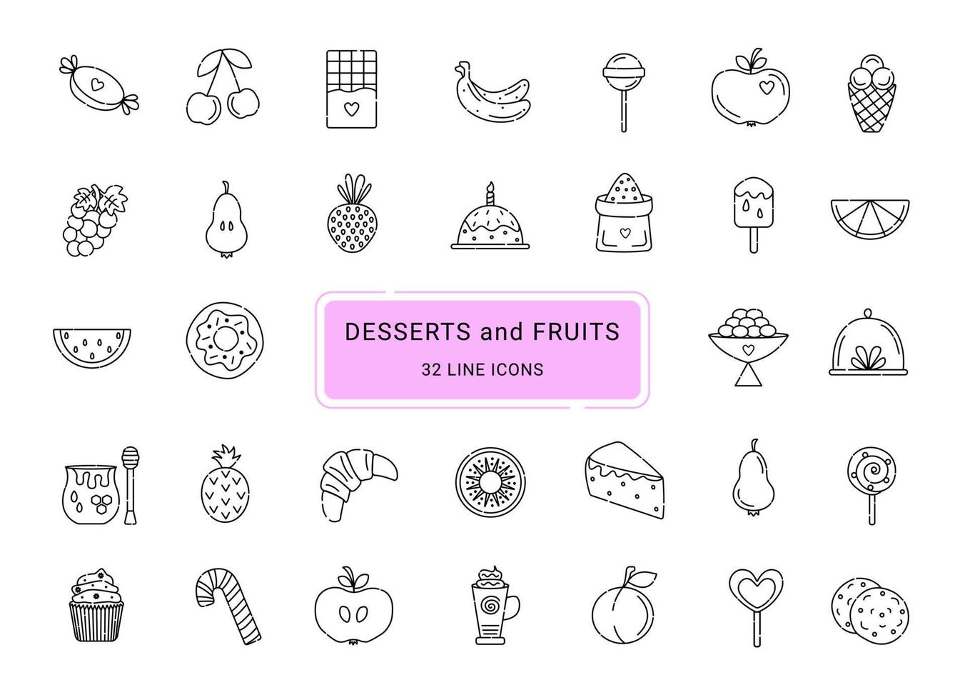 Desserts und Früchte, 32 Linienvektorsymbole vektor