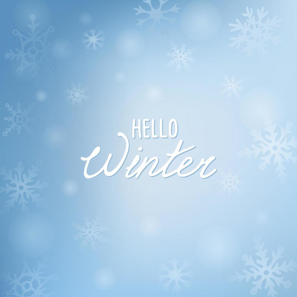 Citat Hej vinter- på fläck blå bakgrund för social media mall. hand dragen lutning vektor illustration för vinter- design med snöflingor.