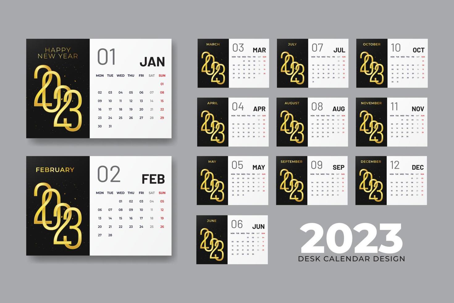 2023 Neujahr sauberer moderner Kalender mit goldfarbenem Vorlagendesign vektor