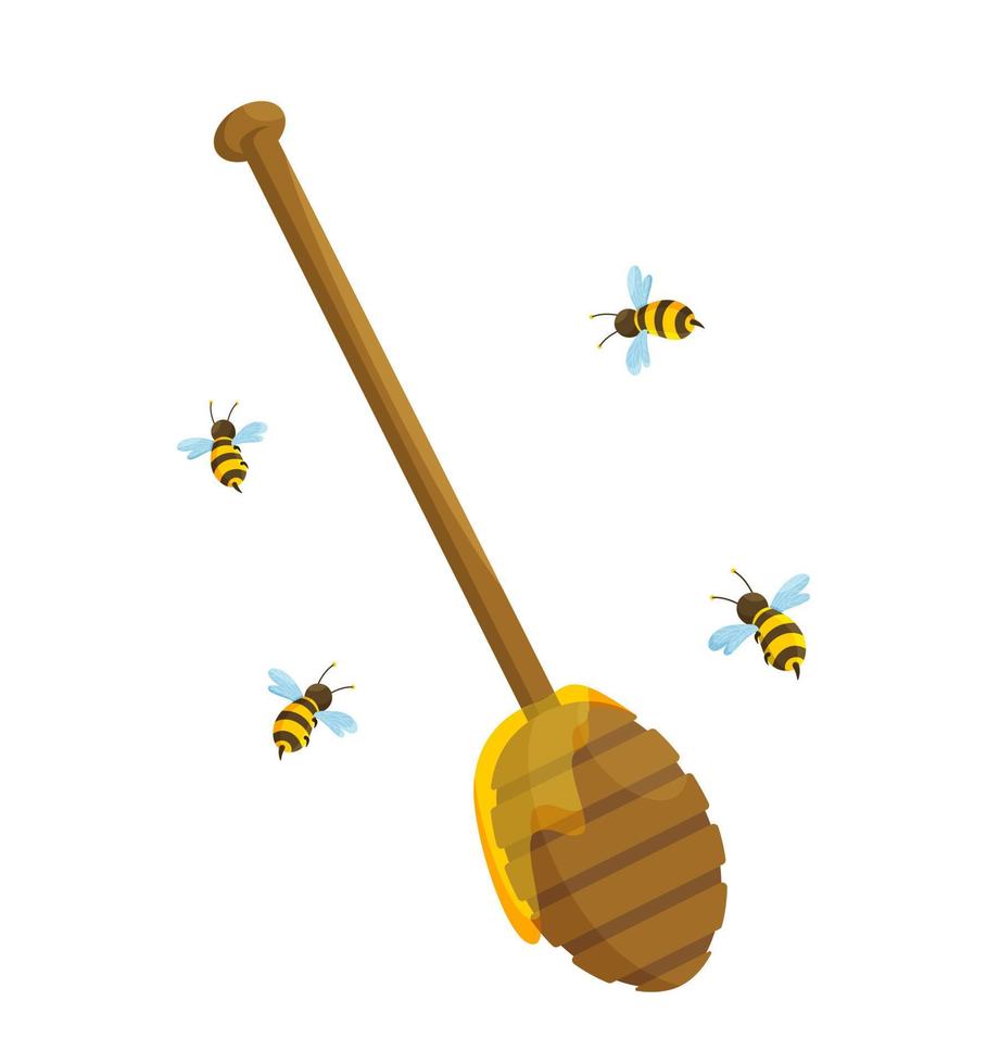 flytande honung droppande från en trä- sked. vektor illustration av en klibbig trä- honung sked. isolerat på vit bakgrund.