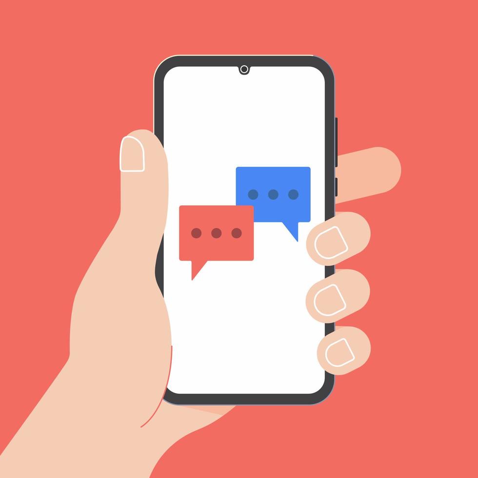 bubblor på de skärm isolerat på bakgrund. smartphone på människor hand chattar vektor illustration isolerat på röd bakgrund
