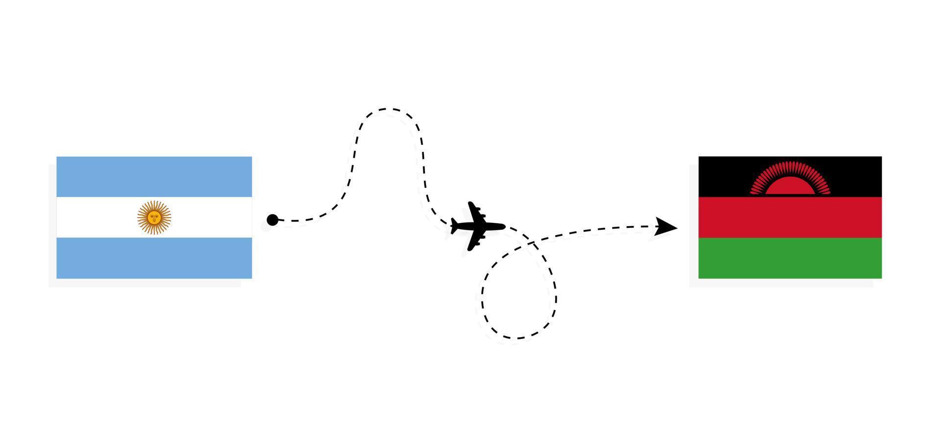 Flug und Reise von Argentinien nach Malawi mit dem Reisekonzept für Passagierflugzeuge vektor