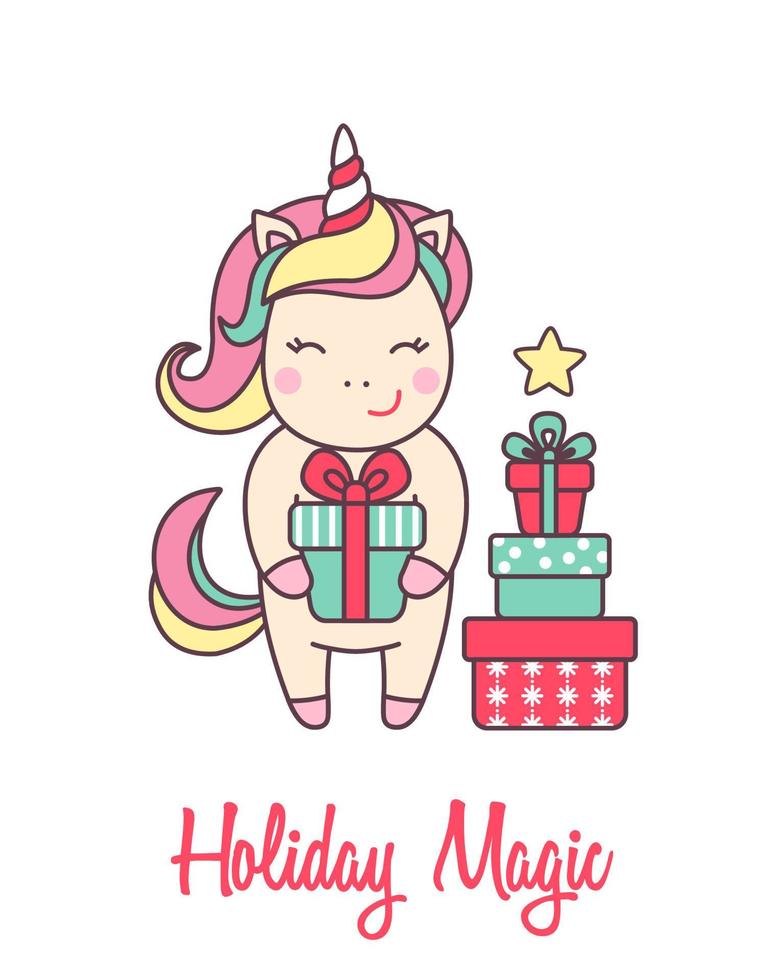 grußfeiertagskarte mit niedlichem einhorn mit geschenkboxen für frohe weihnachten und neujahrsdesign lokalisiert auf weißem hintergrund. Vektor-Illustration. vektor
