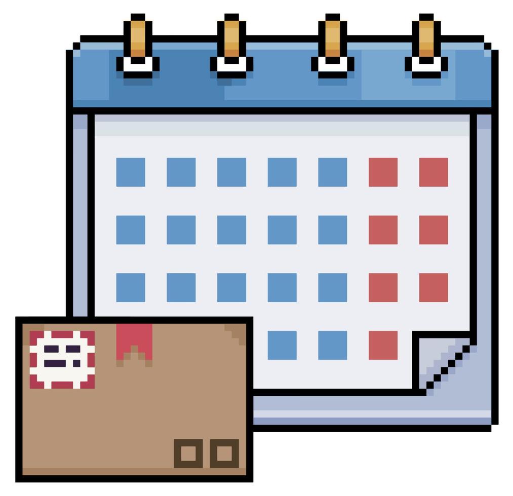 pixel konst kalender med beställa låda, kartong låda vektor ikon för 8bit spel på vit bakgrund